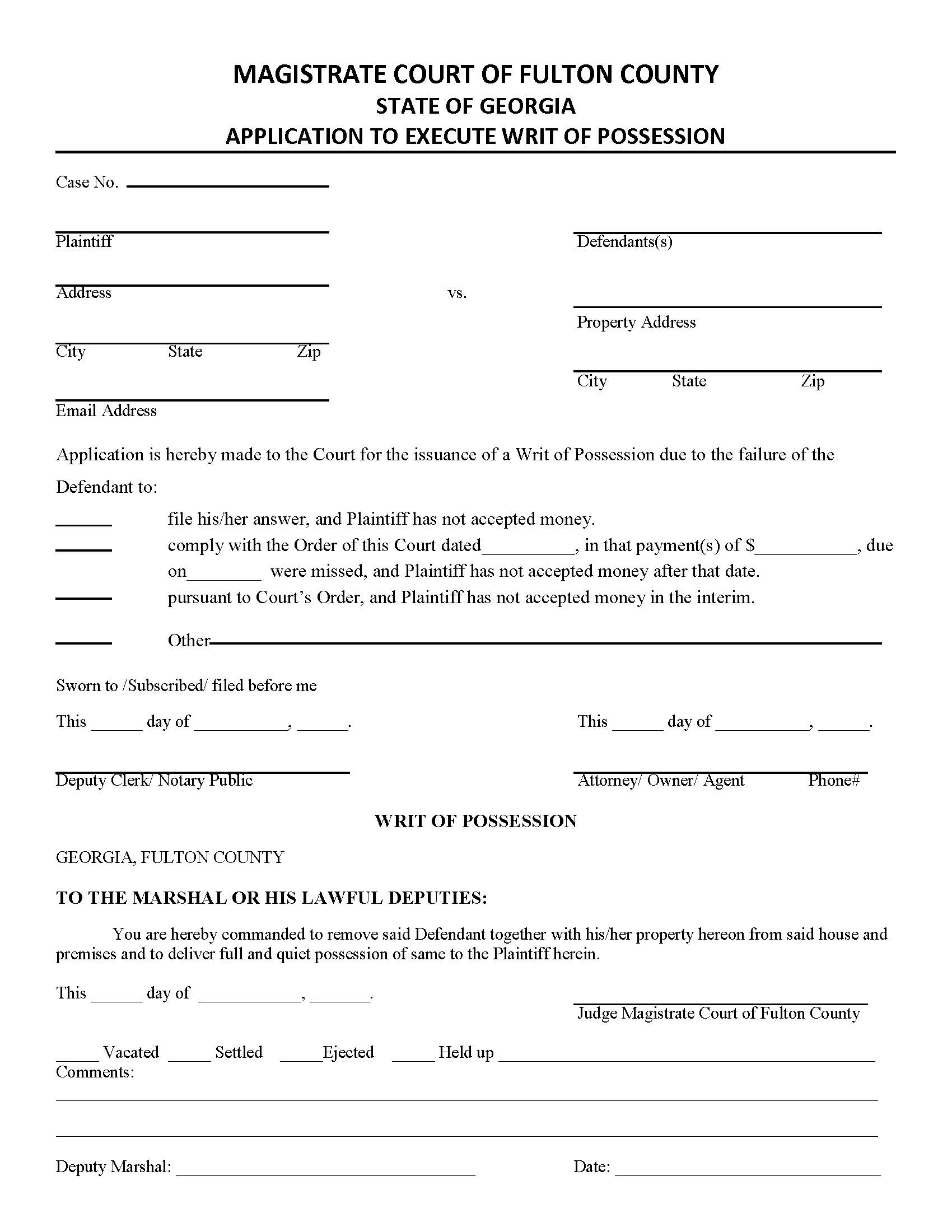 Application To Execute Writ Of Possession | Pdf Fpdf Docx | Georgia