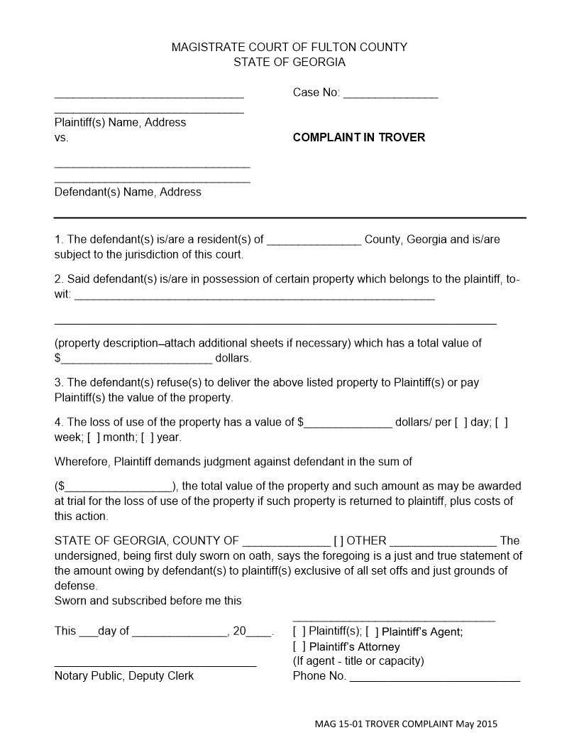 Complaint In Trover | Pdf Fpdf Docx | Georgia