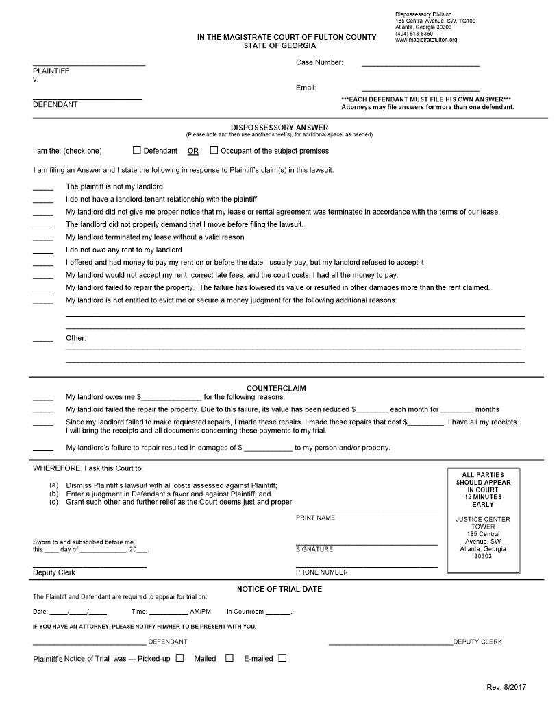 Dispossessory Answer | Pdf Fpdf Docx | Georgia
