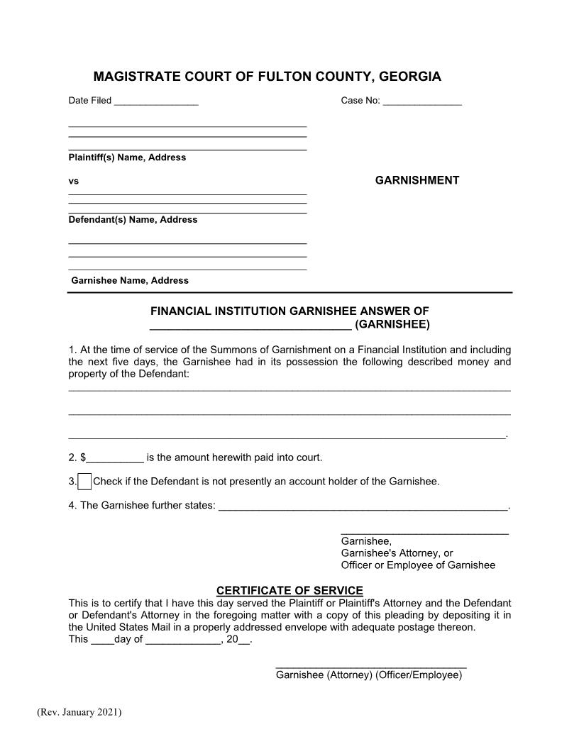 Financial Institution Garnishee Answer | Pdf Fpdf Docx | Georgia