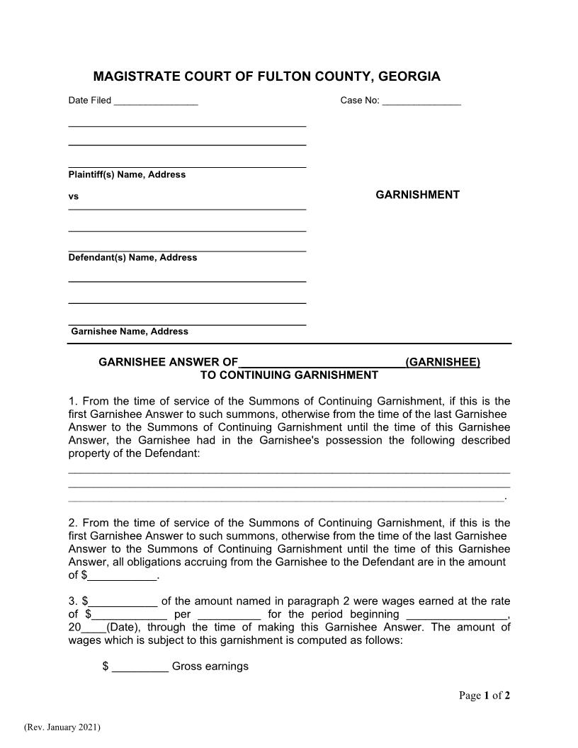 Garnishee Answer For Continuing Garnishment | Pdf Fpdf Docx | Georgia