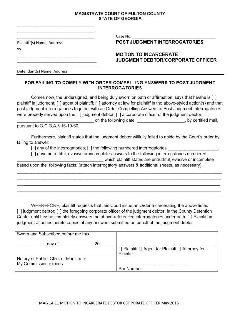 Interrogatories Motion To Incarcerate Judgment Debtor Corporate Officer {MAG 14-11} | Pdf Fpdf Docx | Georgia