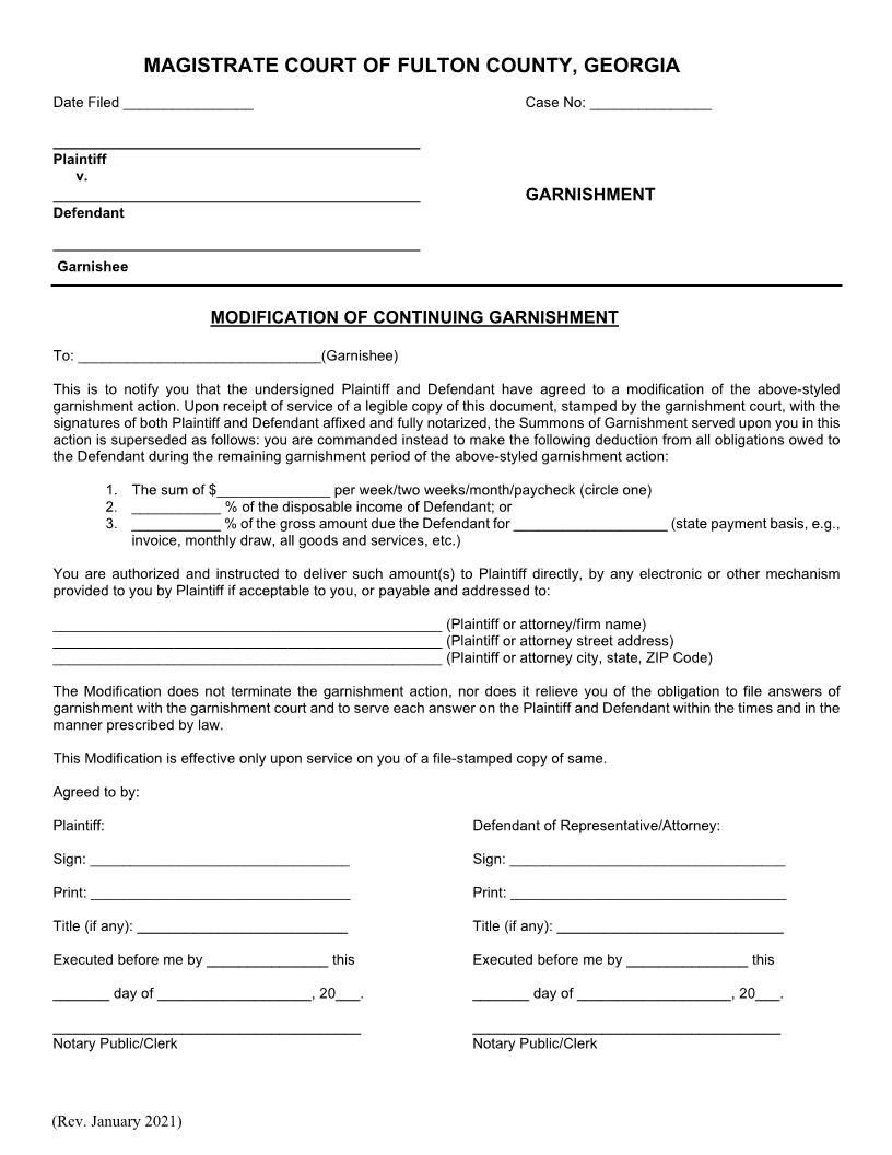 Modification Of Continuing Garnishment | Pdf Fpdf Docx | Georgia