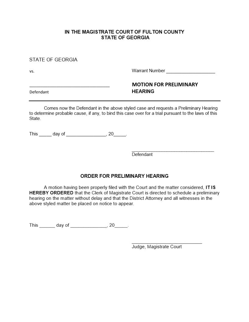 Motion For Preliminary Hearing | Pdf Fpdf Docx | Georgia