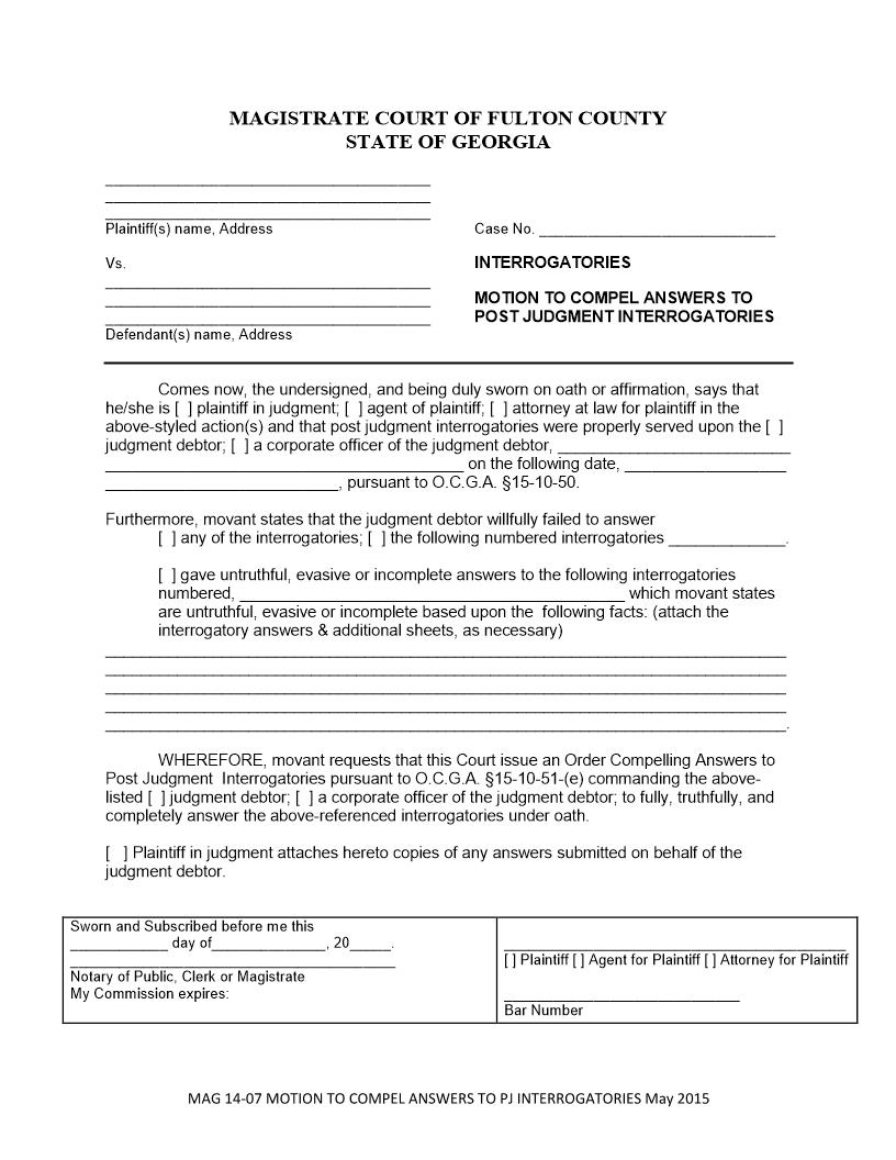 Motion To Compel Answers To Post Judgment Interrogatories | Pdf Fpdf Docx | Georgia