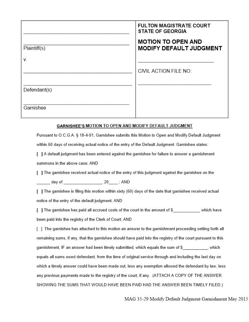 Motion To Open And Modify Default Judgment | Pdf Fpdf Docx | Georgia