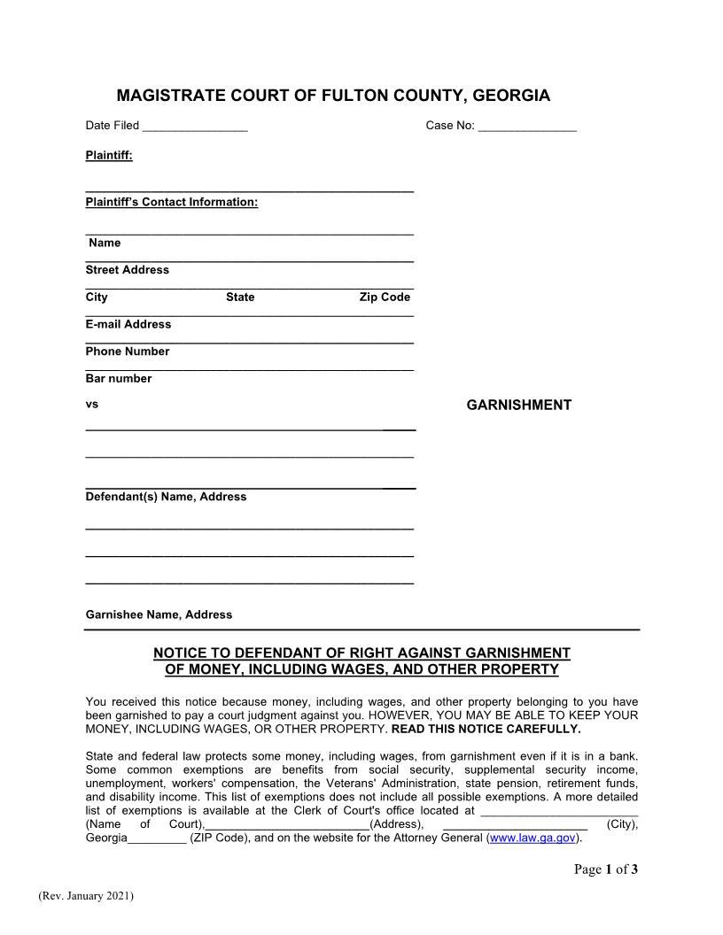 Notice To Defendant Of Right Against Garnishment (And Defendants Claim) | Pdf Fpdf Docx | Georgia