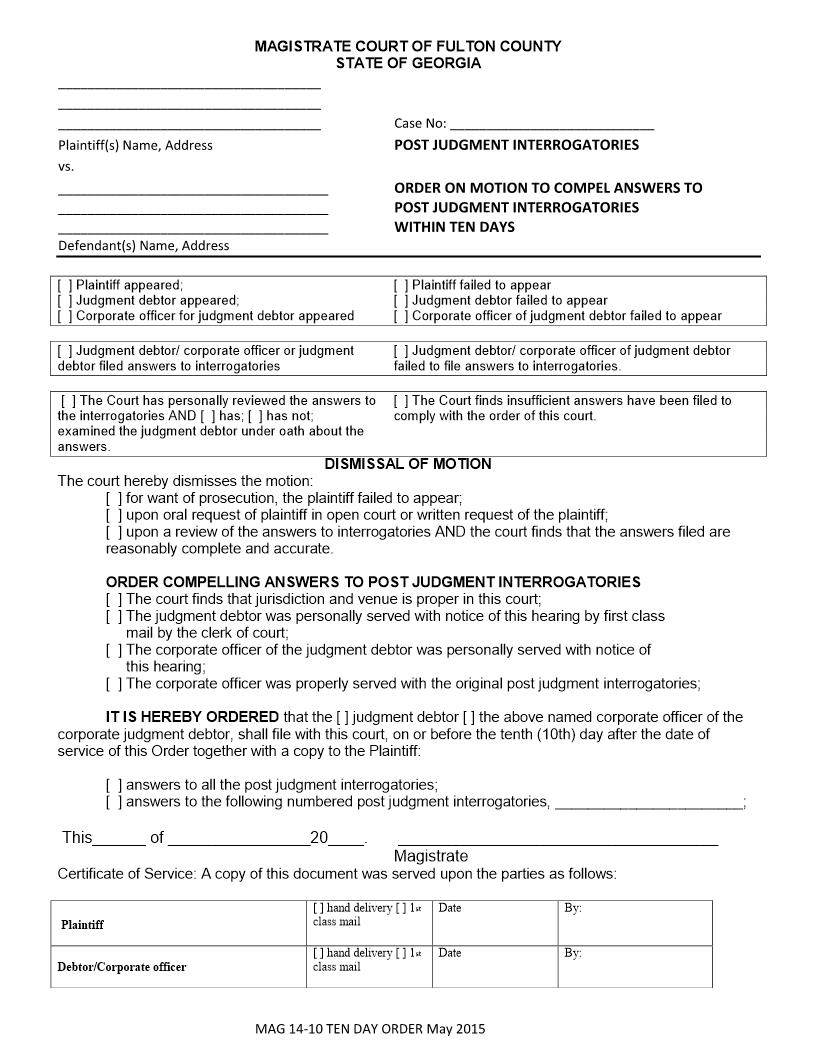 Order On Motion To Compel Answers To Post Judgment Interrogatories | Pdf Fpdf Docx | Georgia