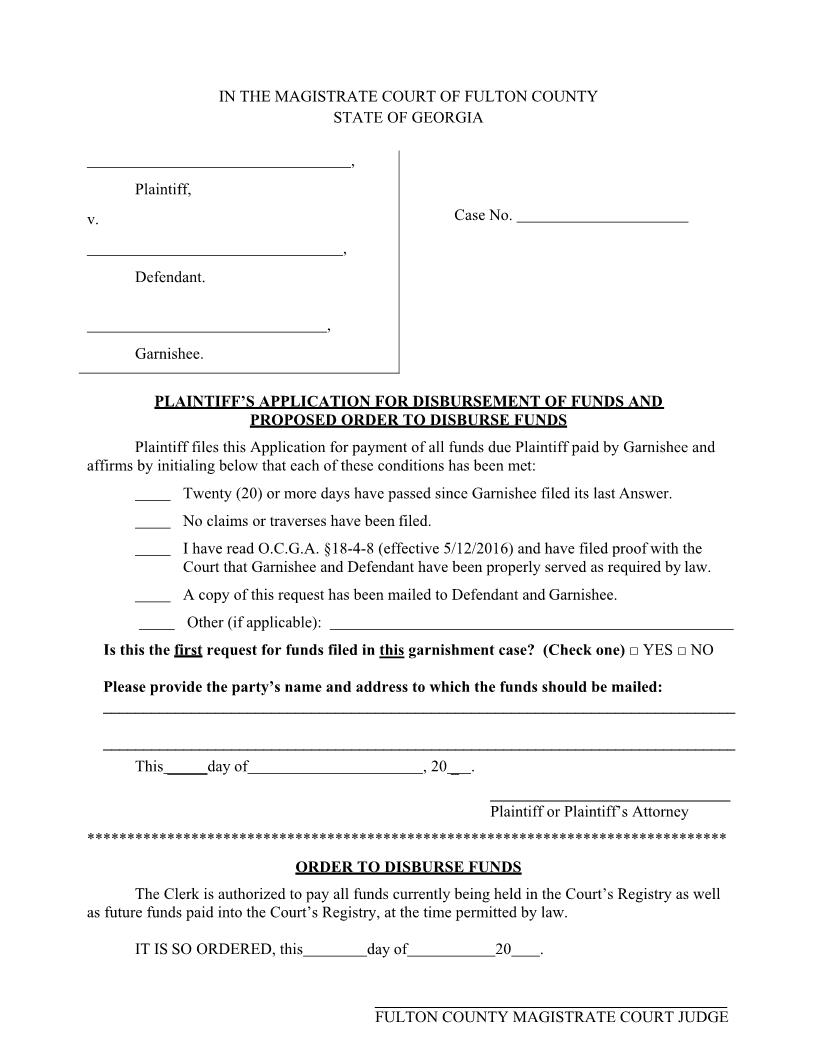 Plaintiffs Application For Disbursement Of Funds And Proposed Order | Pdf Fpdf Docx | Georgia