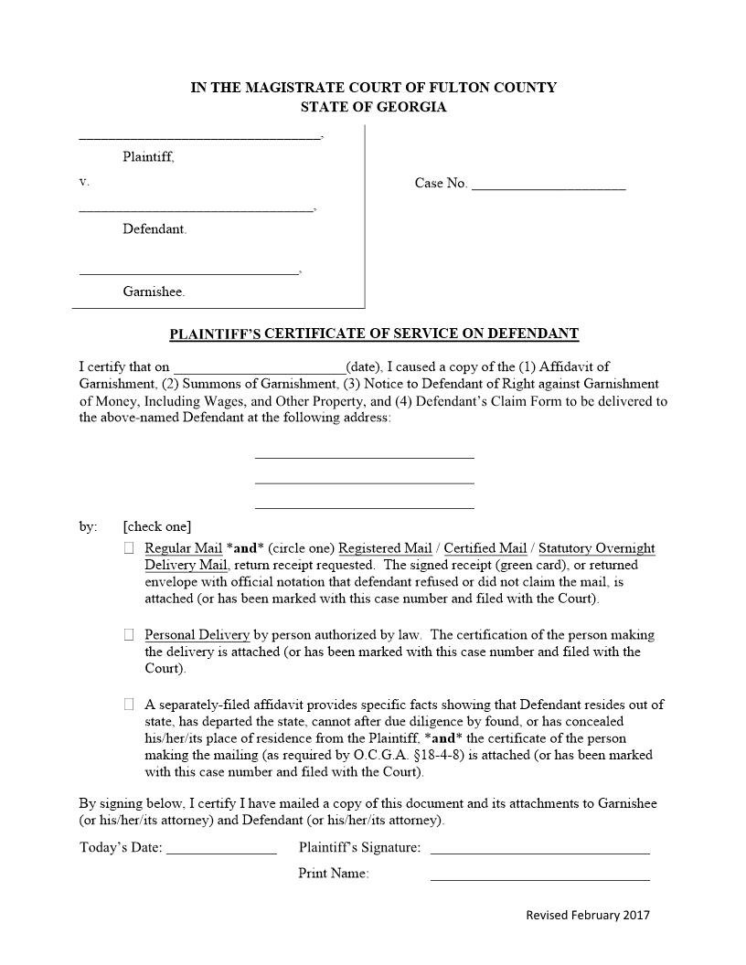 Plaintiffs Certificate Of Service On Defendant | Pdf Fpdf Docx | Georgia
