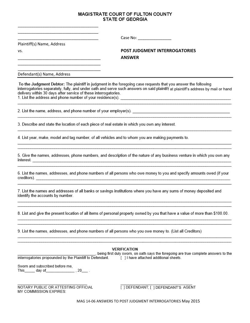 Post Judgment Interrogatories Answer | Pdf Fpdf Docx | Georgia