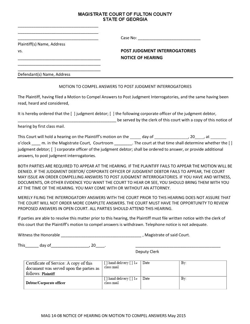 Post Judgment Interrogatories Notice Of Hearing | Pdf Fpdf Docx | Georgia