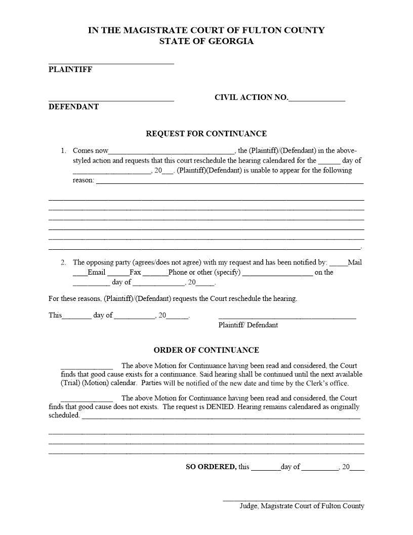 Request For Continuance | Pdf Fpdf Docx | Georgia
