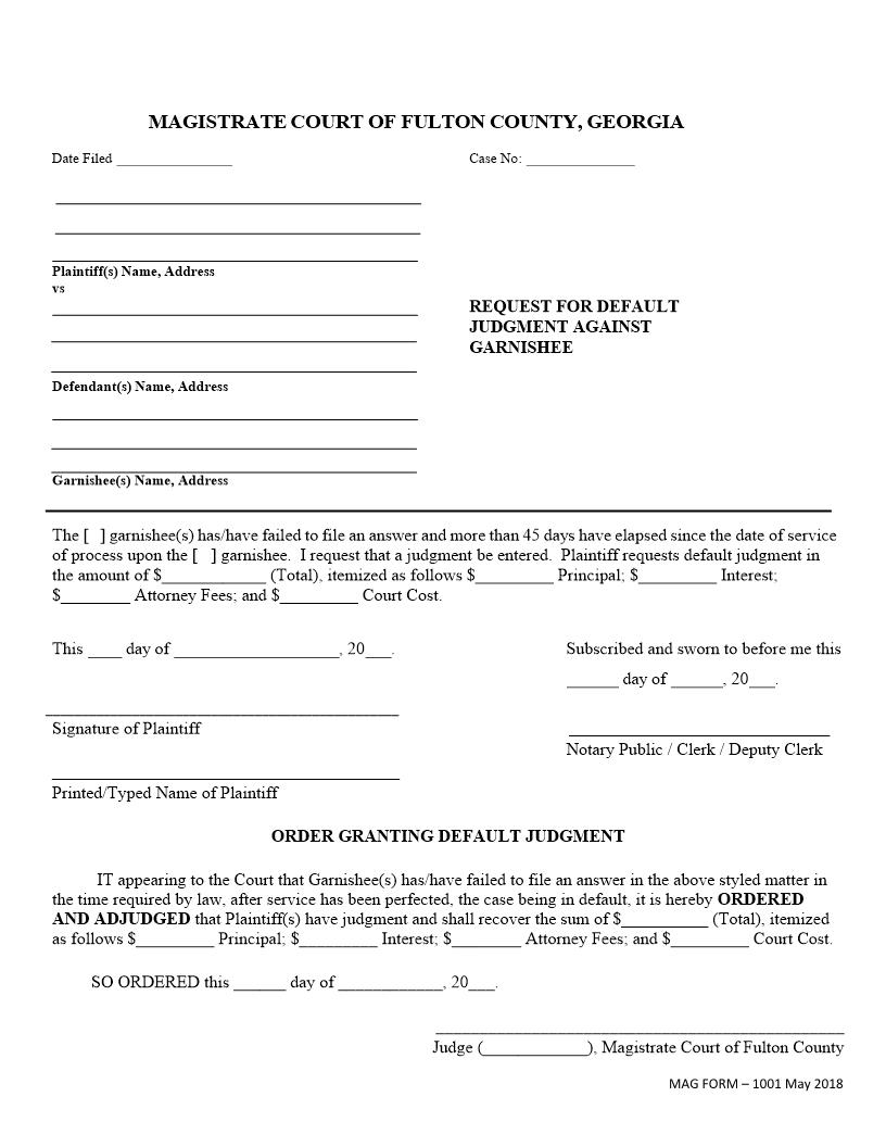 Request For Default Judgment Against Garnishee | Pdf Fpdf Docx | Georgia