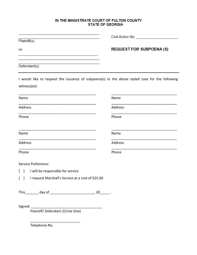 Request For Subpoena | Pdf Fpdf Docx | Georgia