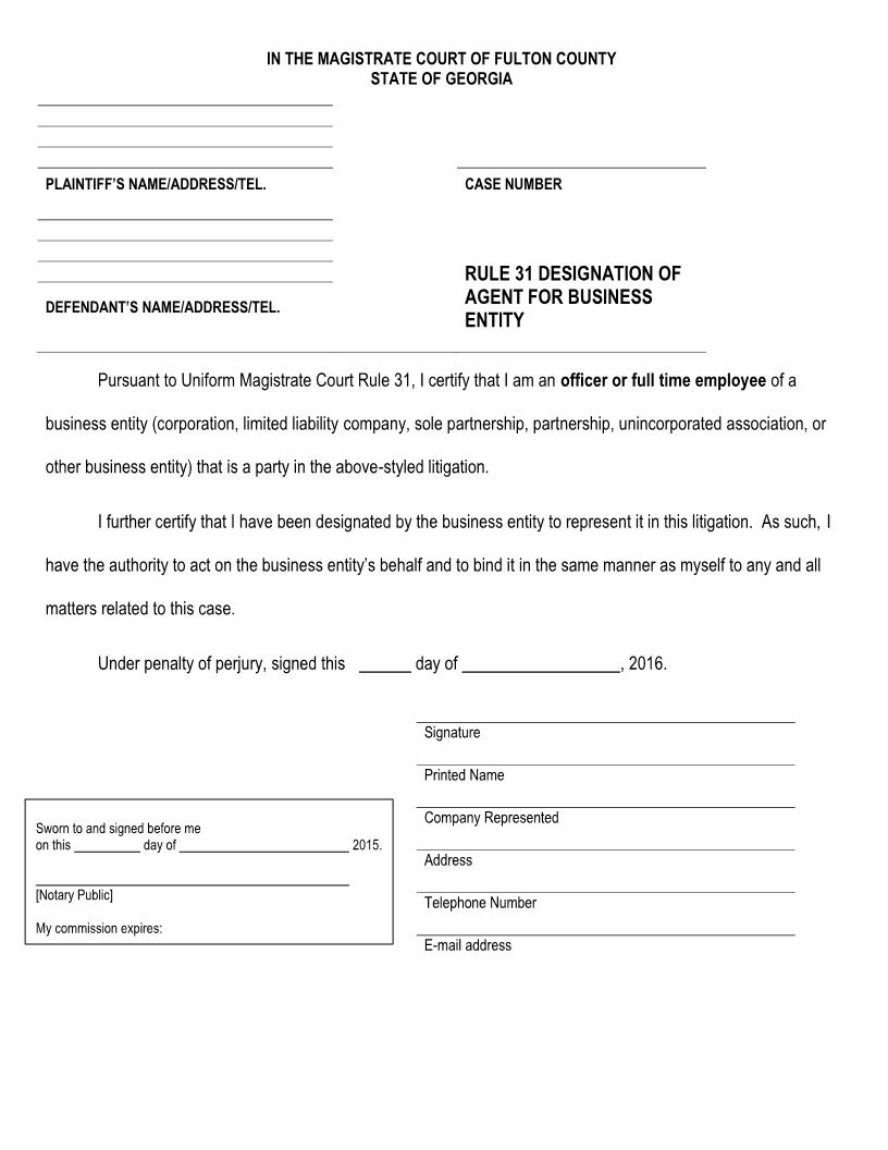 Rule 31 Designation Of Agent For Business Entity | Pdf Fpdf Docx | Georgia