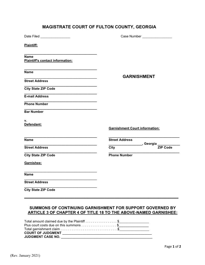 Summons Of Continuing Garnishment For Support | Pdf Fpdf Docx | Georgia