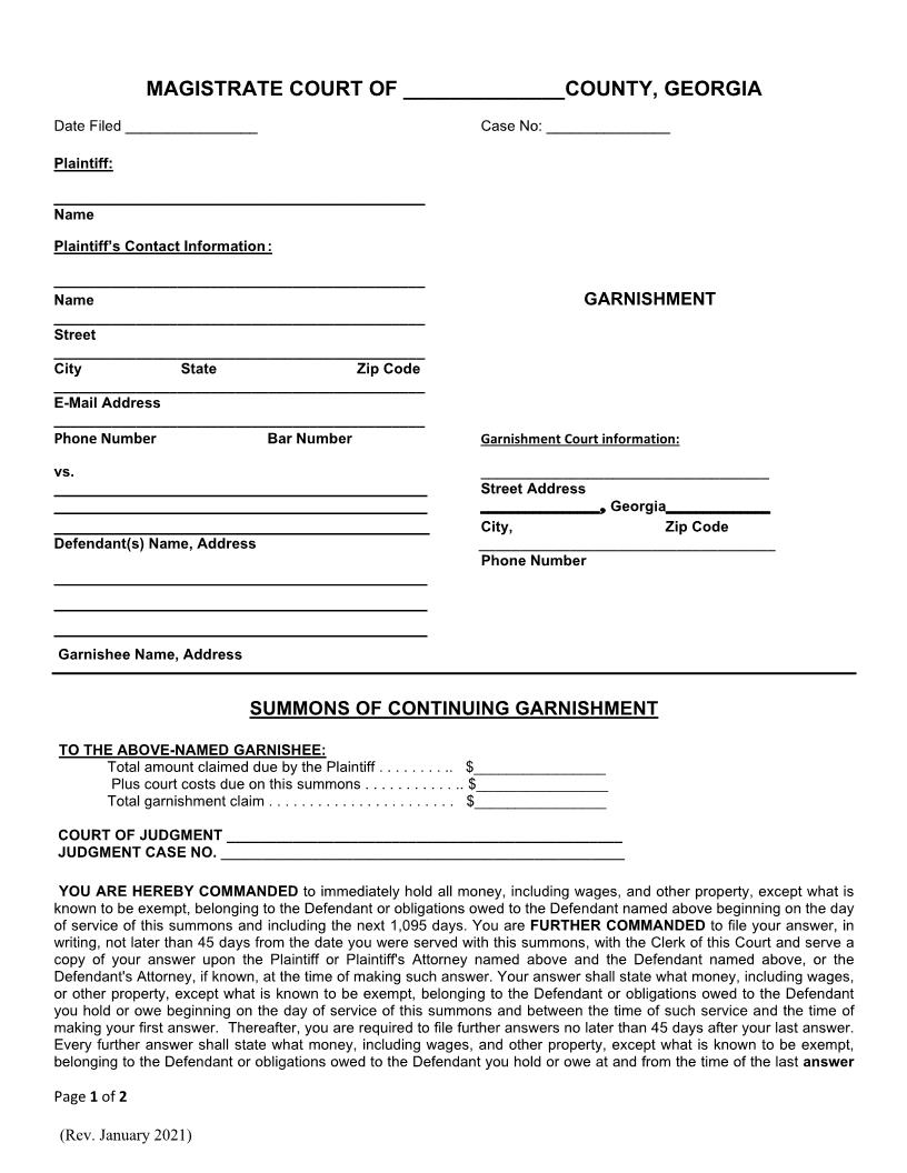 Summons Of Continuing Garnishment | Pdf Fpdf Docx | Georgia