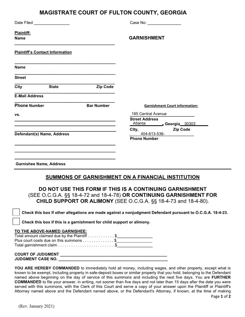 Summons Of Garnishment On A Financial Institution | Pdf Fpdf Docx | Georgia