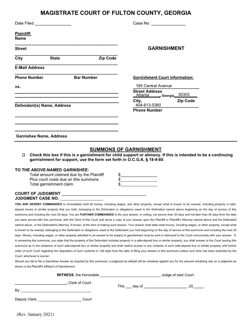 Summons Of Garnishment | Pdf Fpdf Docx | Georgia
