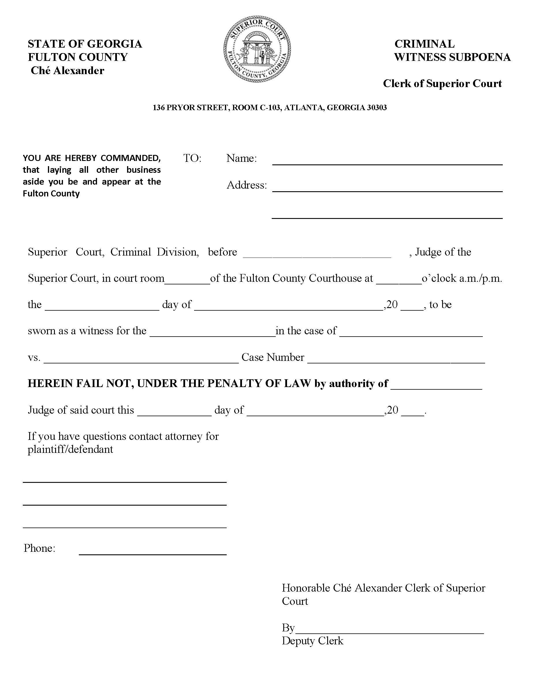 Witness Subpoena (Criminal) | Pdf Fpdf Docx | Georgia