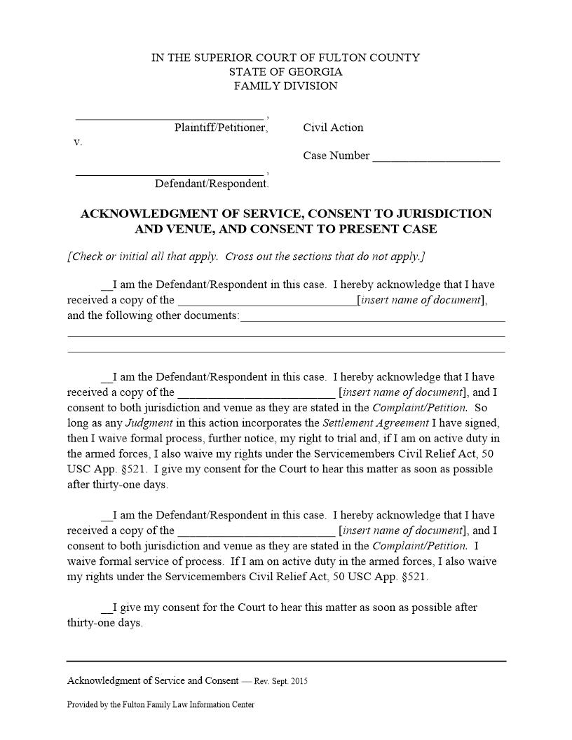 Acknowledgment Of Service Consent To Jurisdiction | Pdf Fpdf Docx | Georgia