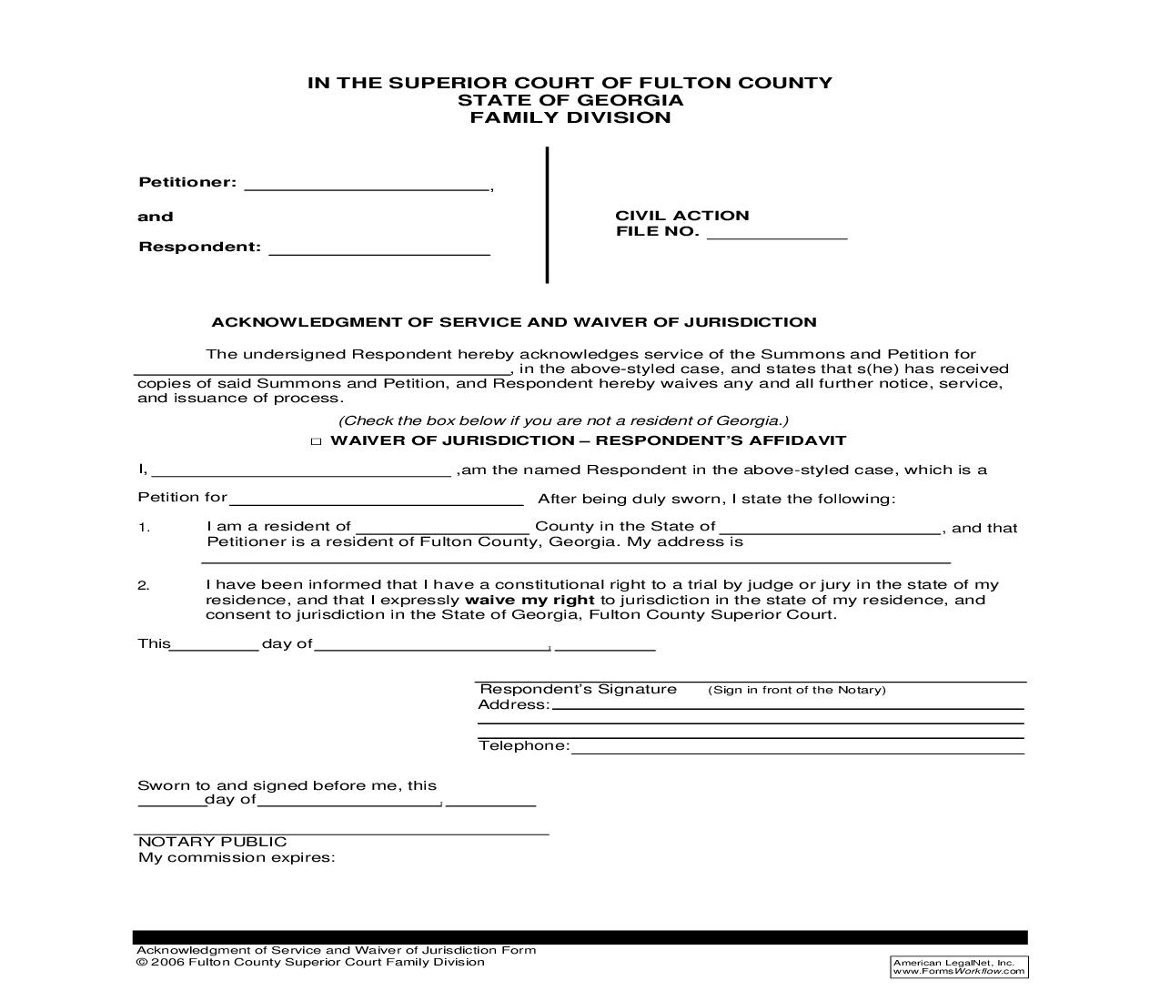 Acknowledgment Of Service Waiver Of Jurisdiction Respondents Affidavit | Pdf Fpdf Doc Docx | Georgia
