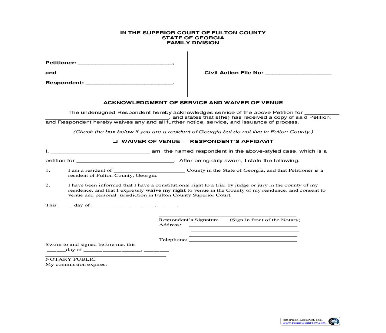 Acknowledgment Of Service Waiver Of Venue Respondents Affidavit | Pdf Fpdf Doc Docx | Georgia