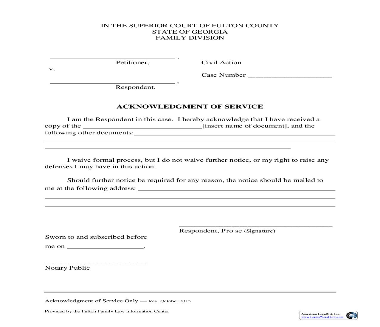 Acknowledgment Of Service | Pdf Fpdf Doc Docx | Georgia