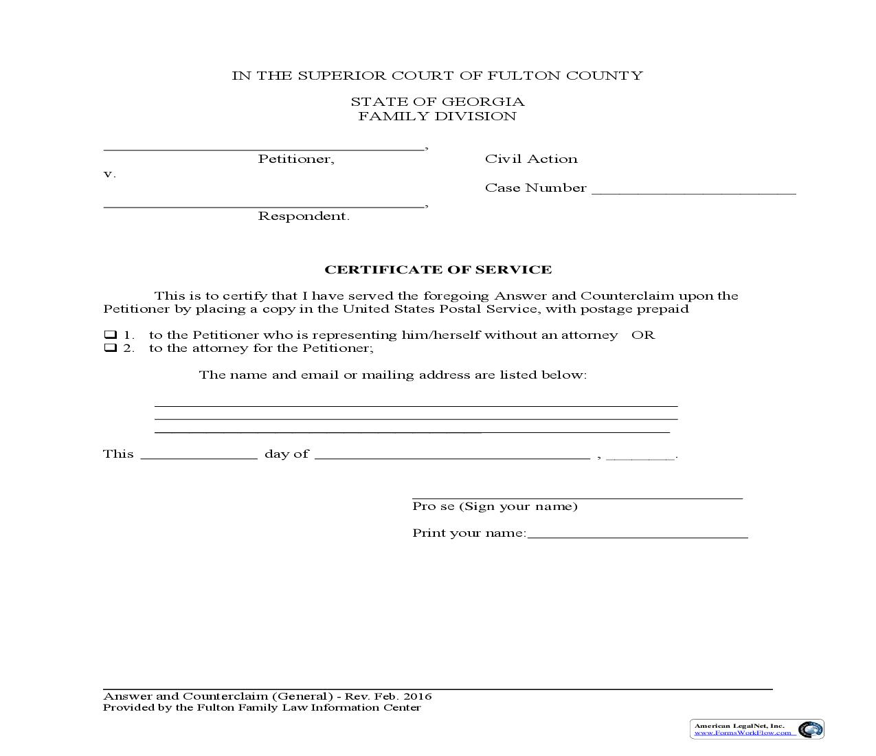 Certificate Of Service (Answer And Counterclaim) | Pdf Fpdf Doc Docx | Georgia
