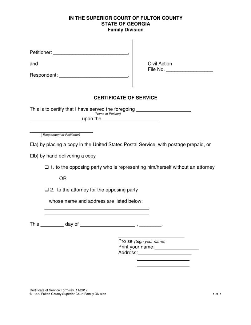 Certificate Of Service | Pdf Fpdf Docx | Georgia