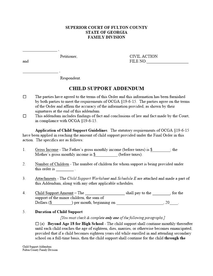 Child Support Addendum | Pdf Fpdf Docx | Georgia