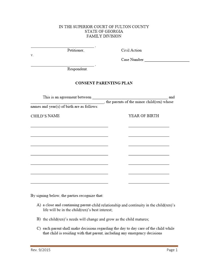 Consent Parenting Plan | Pdf Fpdf Docx | Georgia