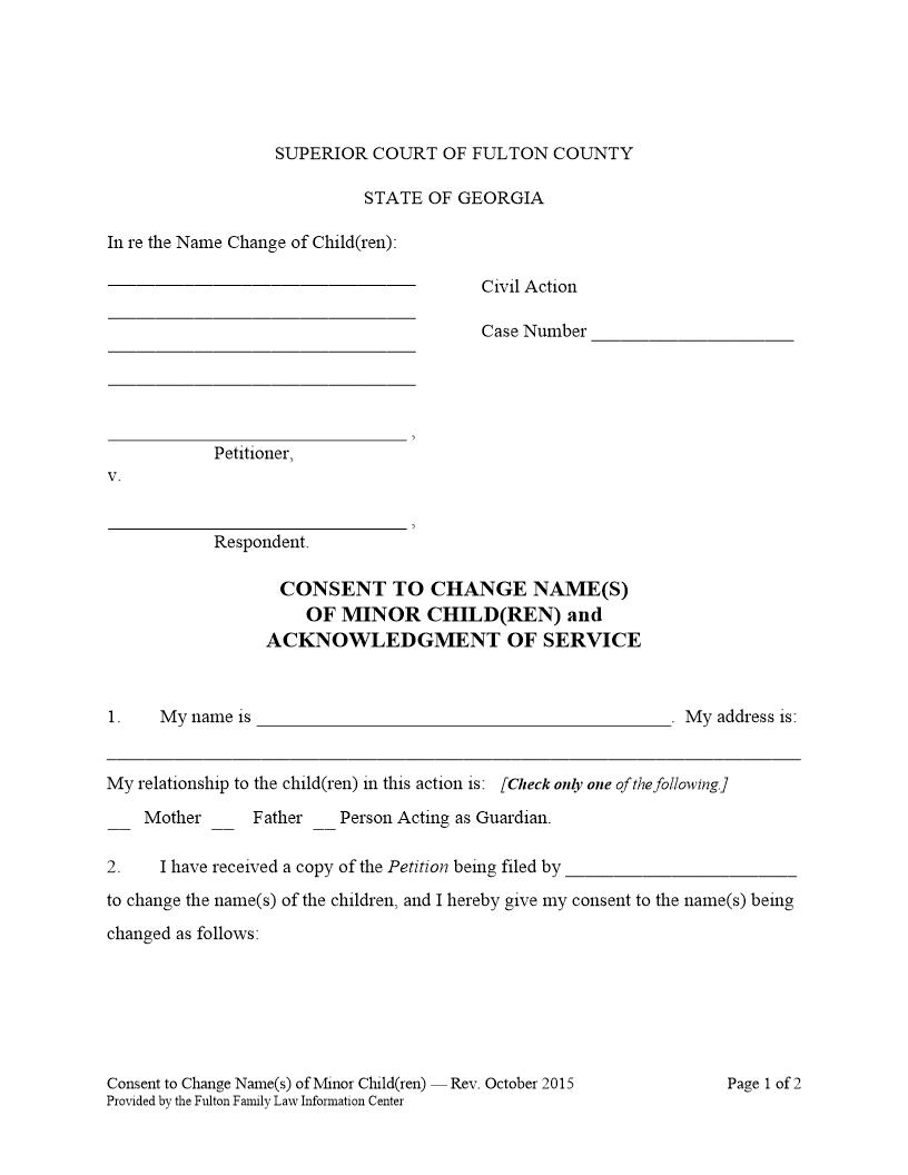Consent To Change Name Of Minor Child | Pdf Fpdf Docx | Georgia