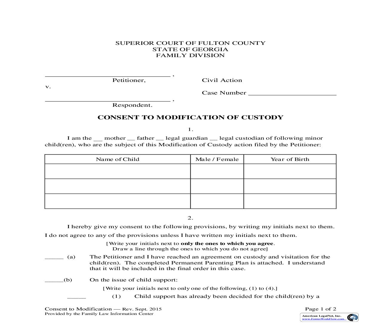 Consent To Modification Of Custody | Pdf Fpdf Doc Docx | Georgia