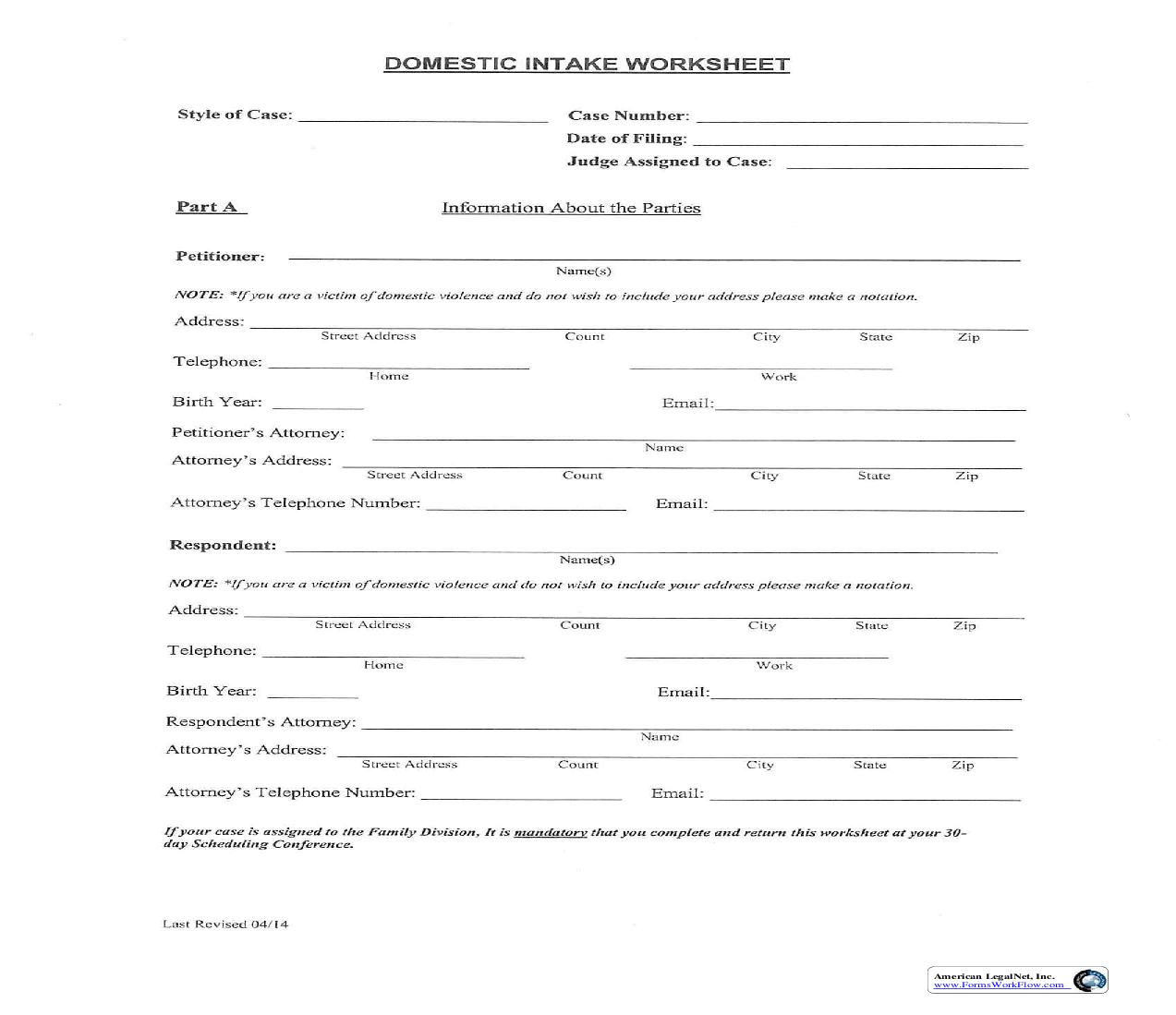 Domestic Intake Worksheet | Pdf Fpdf Doc Docx | Georgia