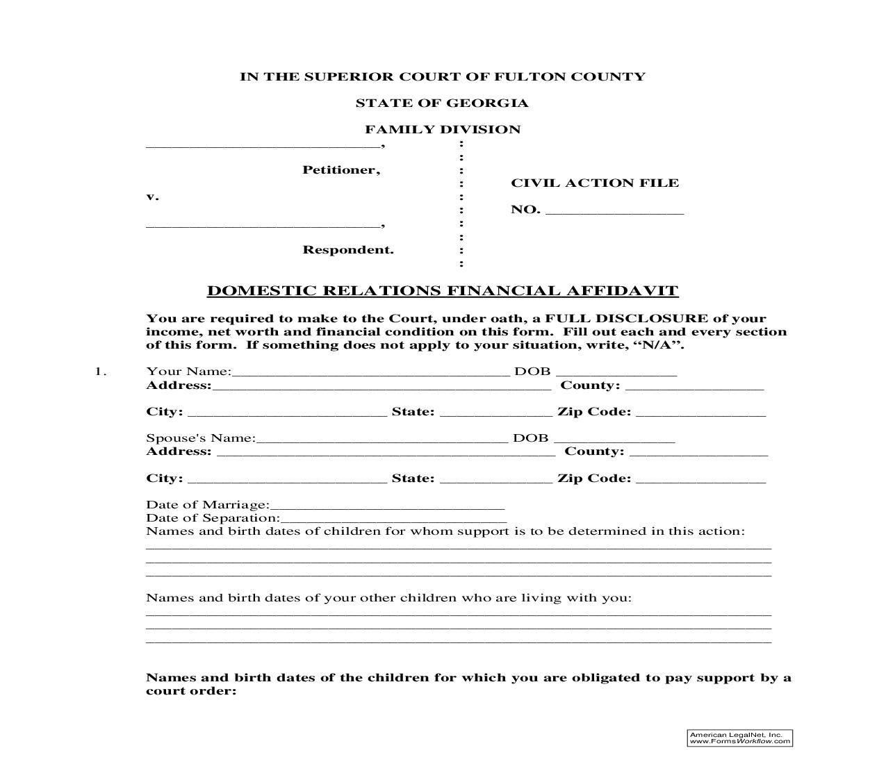 Domestic Relations Financial Affidavit | Pdf Fpdf Doc Docx | Georgia