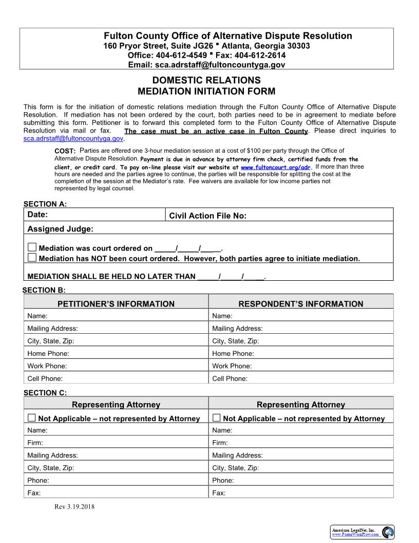 Domestic Relations Mediation Initiation Form | Pdf Fpdf Docx | Georgia