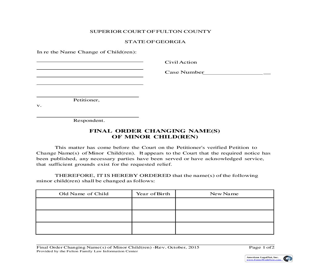 Final Order Changing Name(s) Of Minor Child(ren) | Pdf Fpdf Doc Docx | Georgia