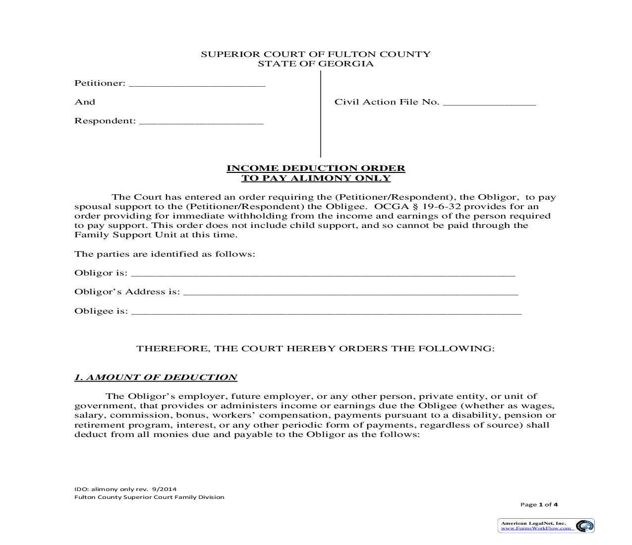 Income Deduction Order To Pay Alimony Only | Pdf Fpdf Doc Docx | Georgia