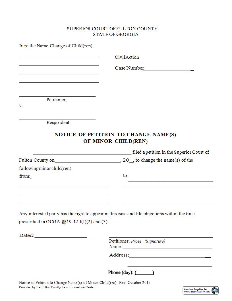 Notice Of Petition To Change Name Of Minor Child | Pdf Fpdf Docx | Georgia