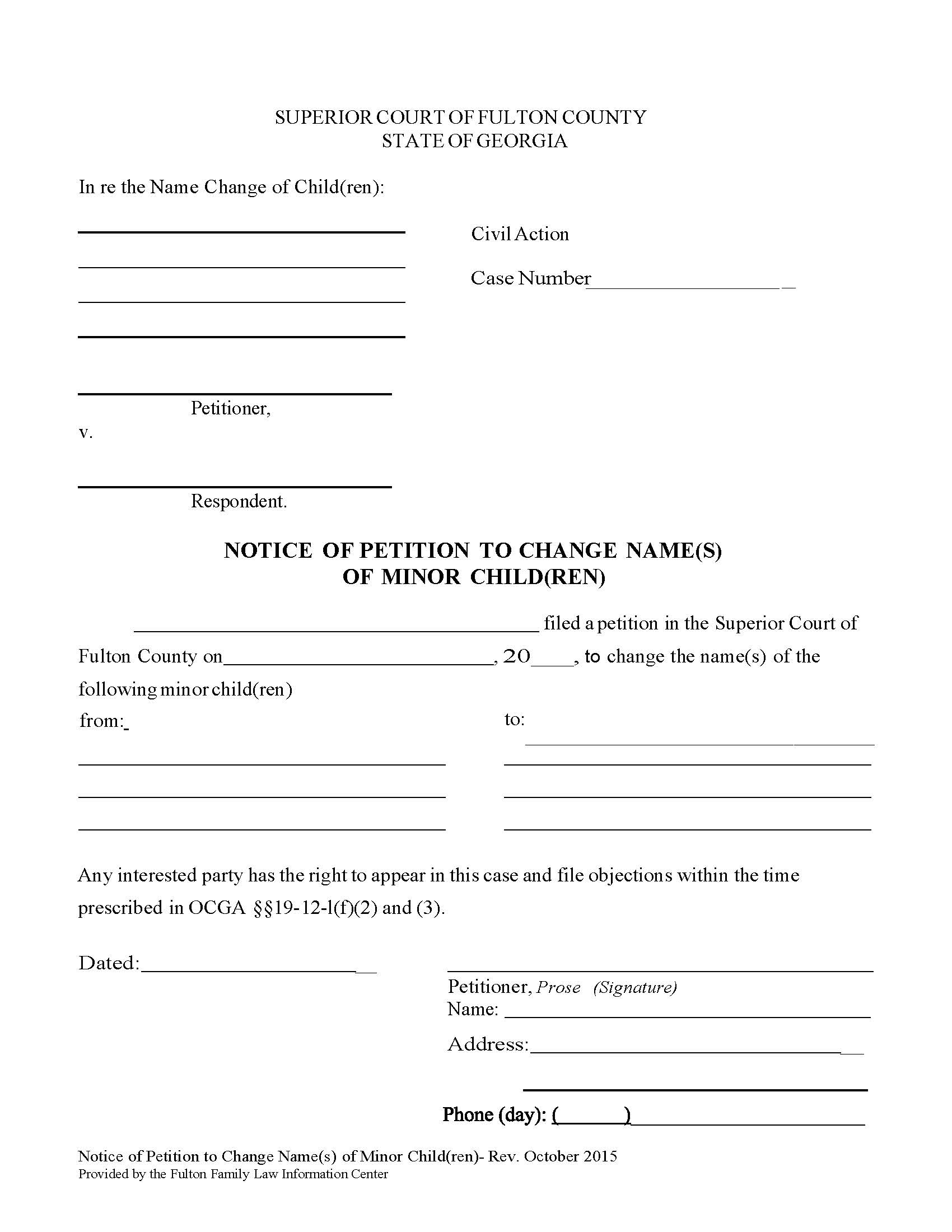 Notice Of Petition To Change Name Of Minor Child | Pdf Fpdf Docx | Georgia