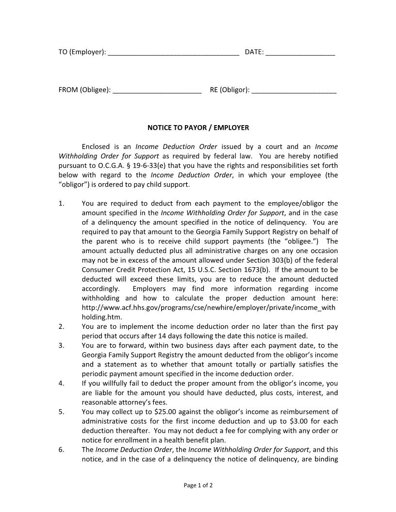 Notice To Payor Employer | Pdf Fpdf Docx | Georgia