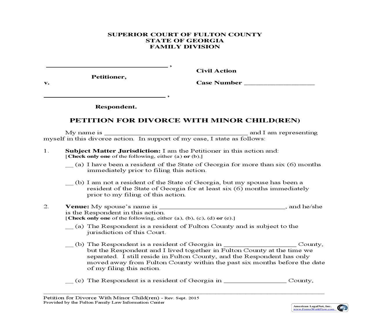 Petition For Divorce With Minor Children | Pdf Fpdf Doc Docx | Georgia