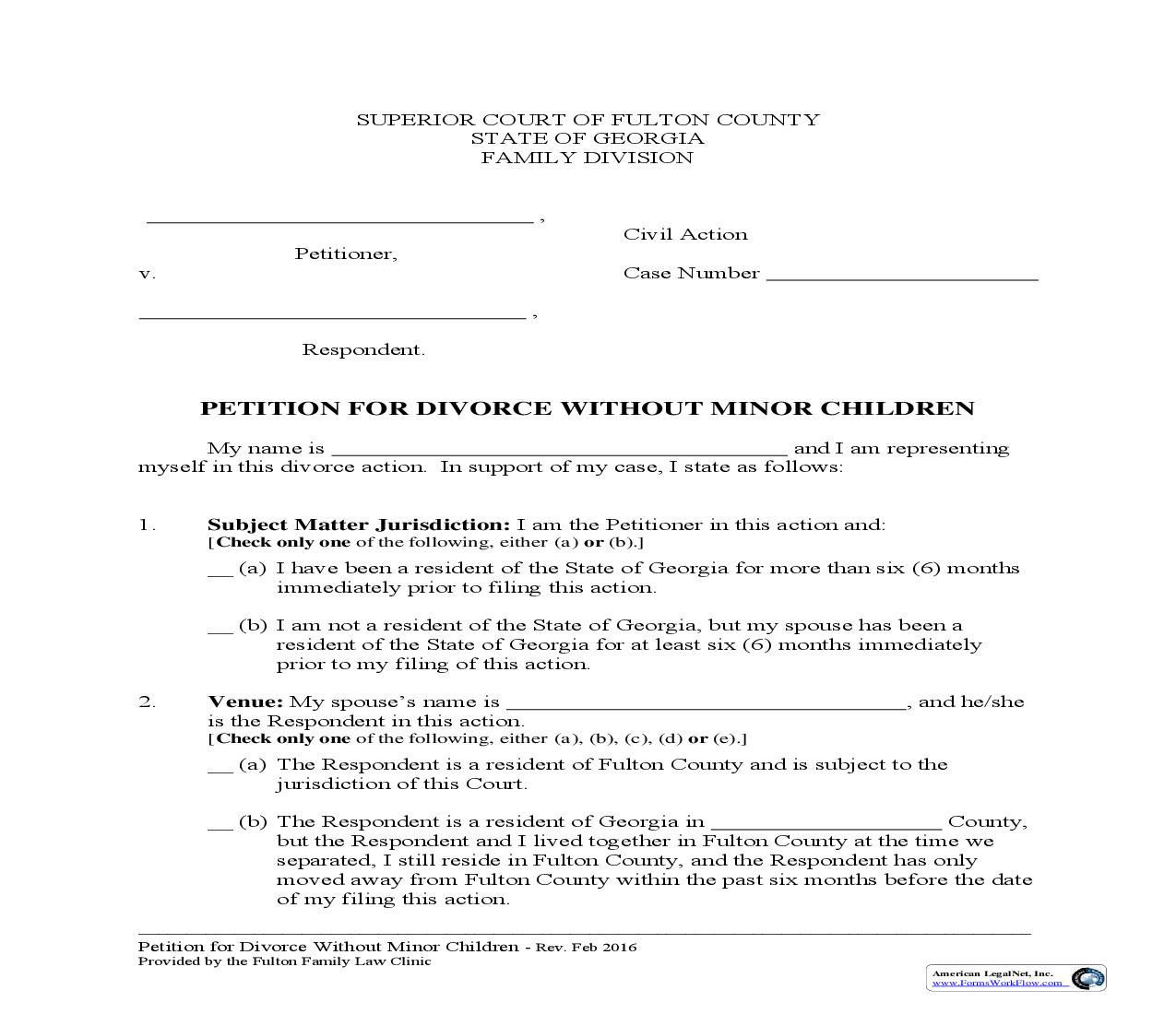 Petition For Divorce Without Minor Children | Pdf Fpdf Doc Docx | Georgia
