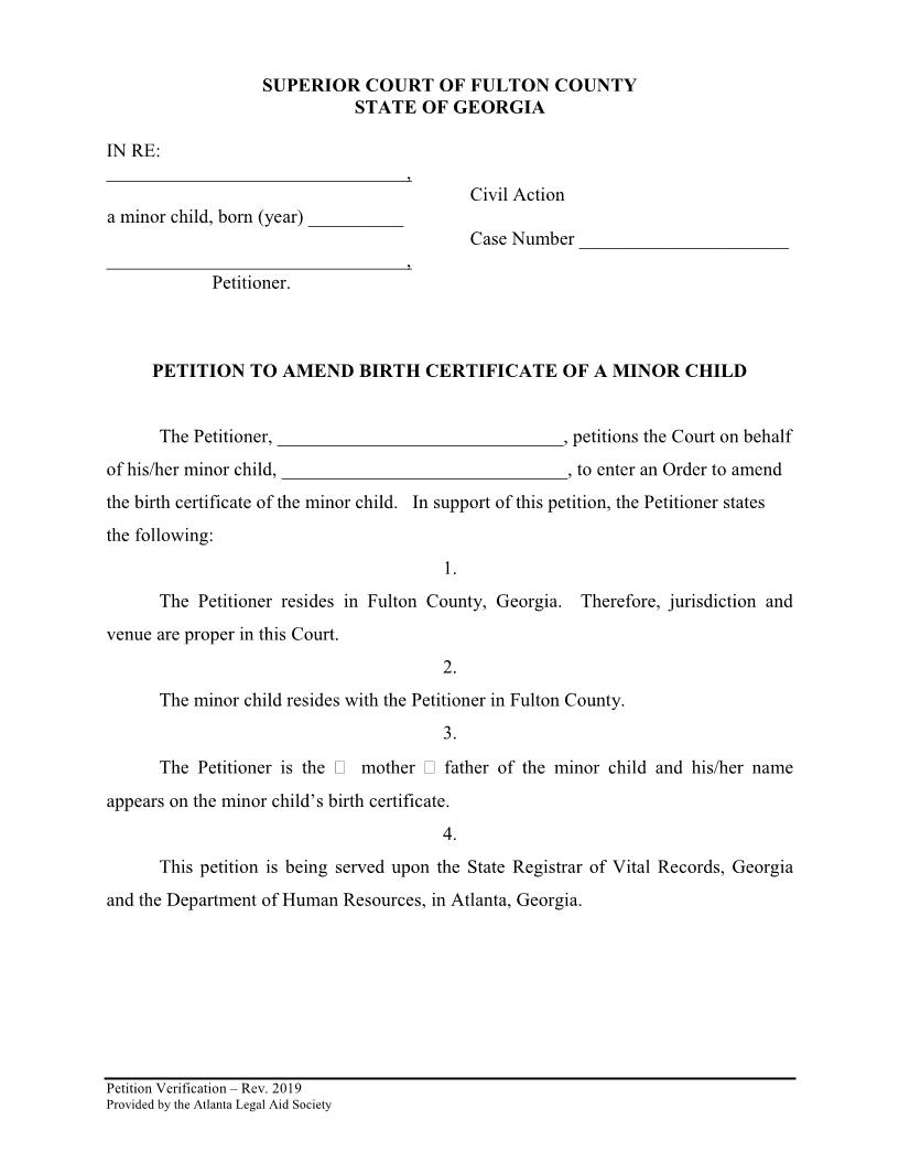Petition To Amend Birth Certificate Minor Child | Pdf Fpdf Docx | Georgia