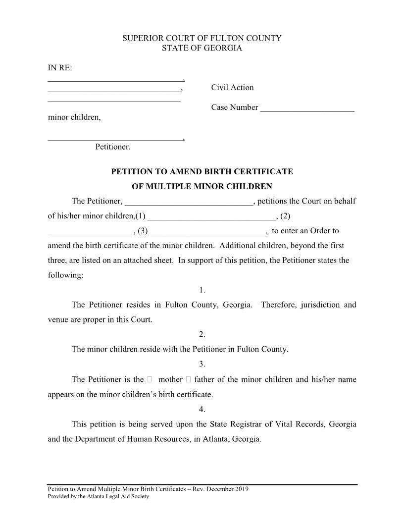 Petition To Amend Birth Certificate Multiple Minor Children | Pdf Fpdf Docx | Georgia