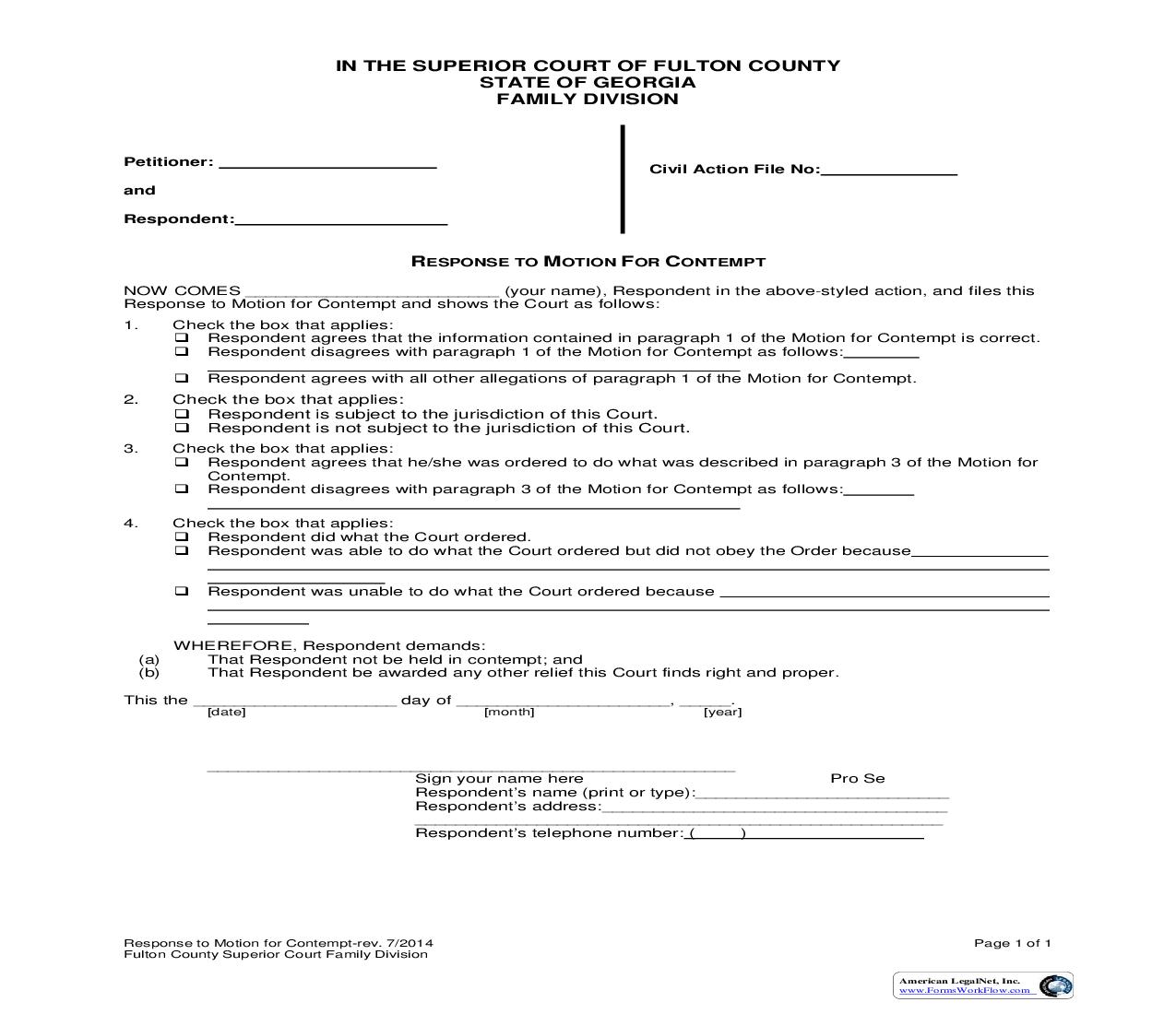 Response To Motion For Contempt | Pdf Fpdf Doc Docx | Georgia