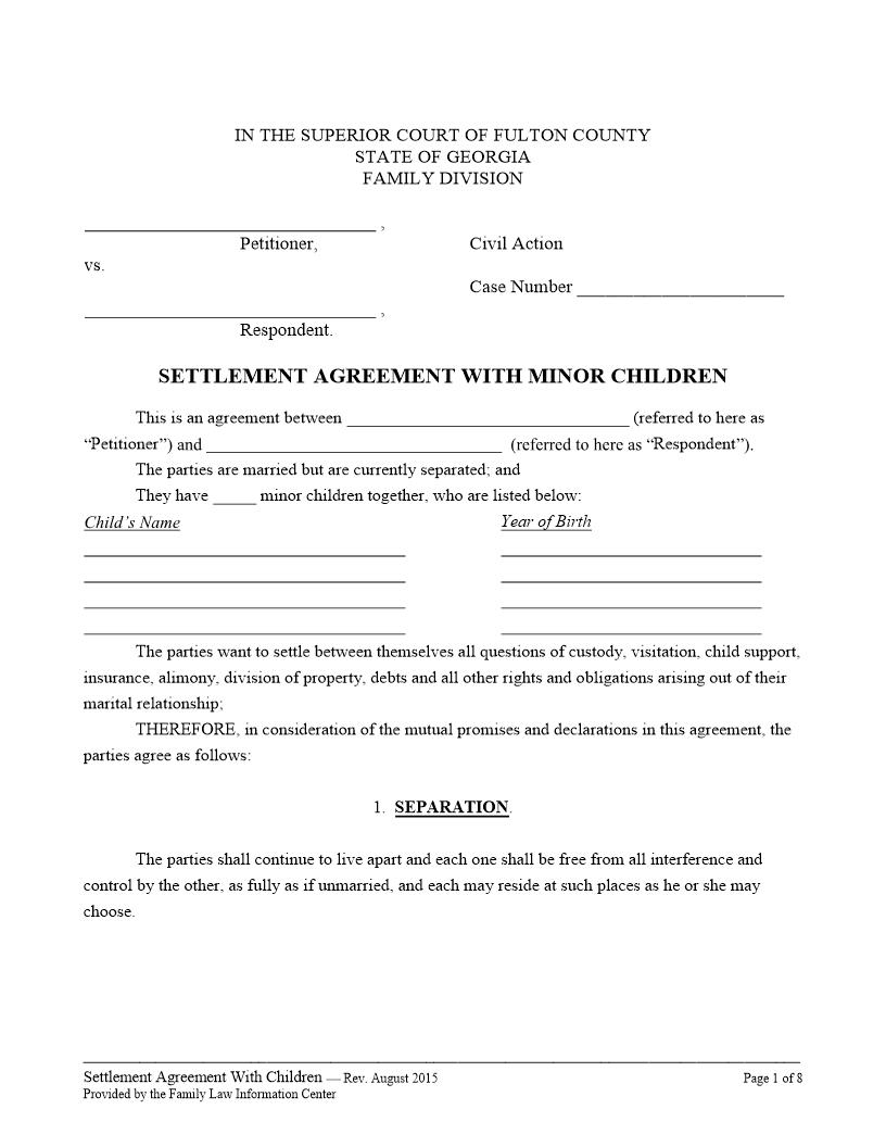 Settlement Agreement With Minor Children | Pdf Fpdf Docx | Georgia