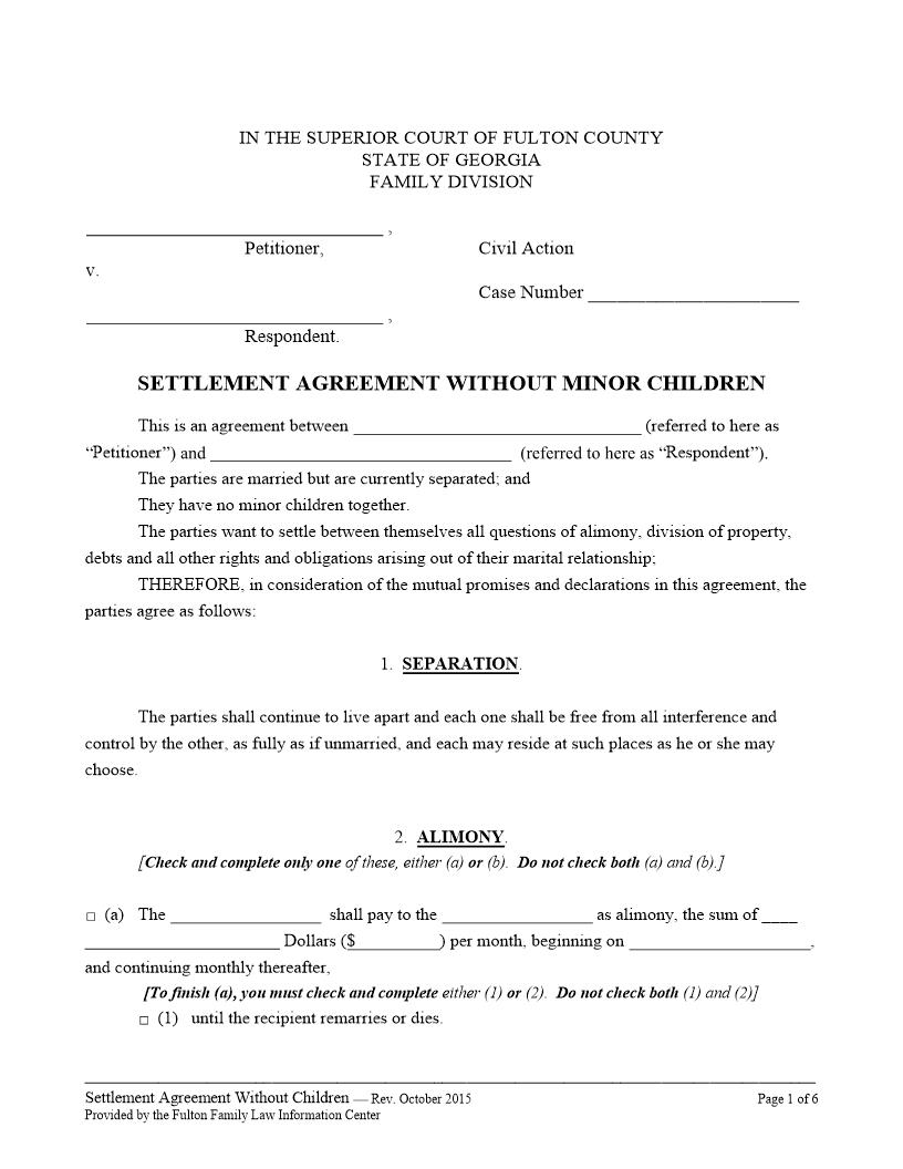 Settlement Agreement Without Minor Children | Pdf Fpdf Docx | Georgia